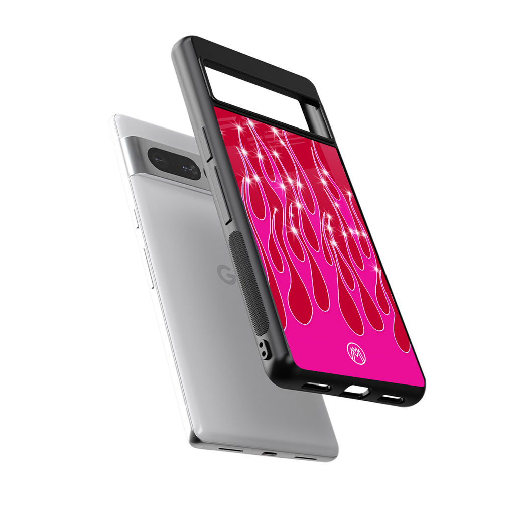 y2k magenta glittery flames back phone cover | glass case for google pixel 7 pro