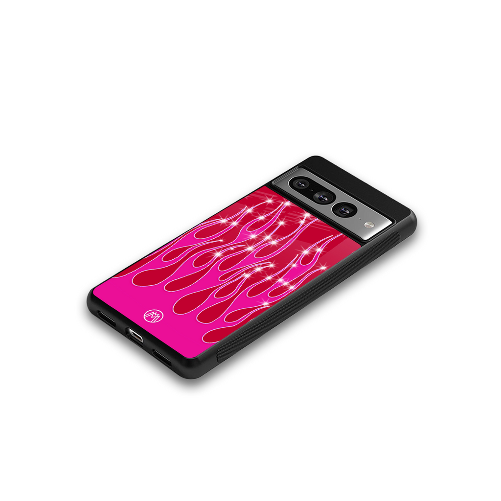 y2k magenta glittery flames back phone cover | glass case for google pixel 7 pro