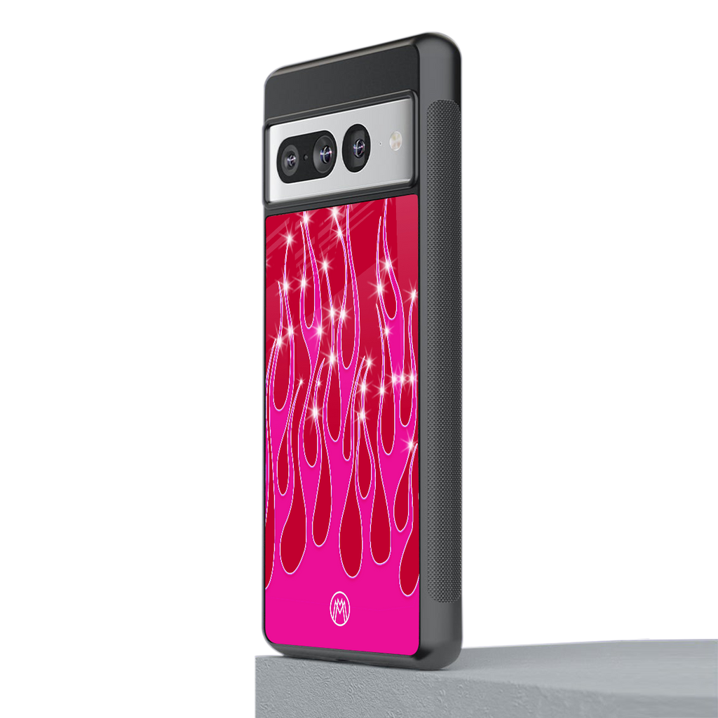 y2k magenta glittery flames back phone cover | glass case for google pixel 7 pro
