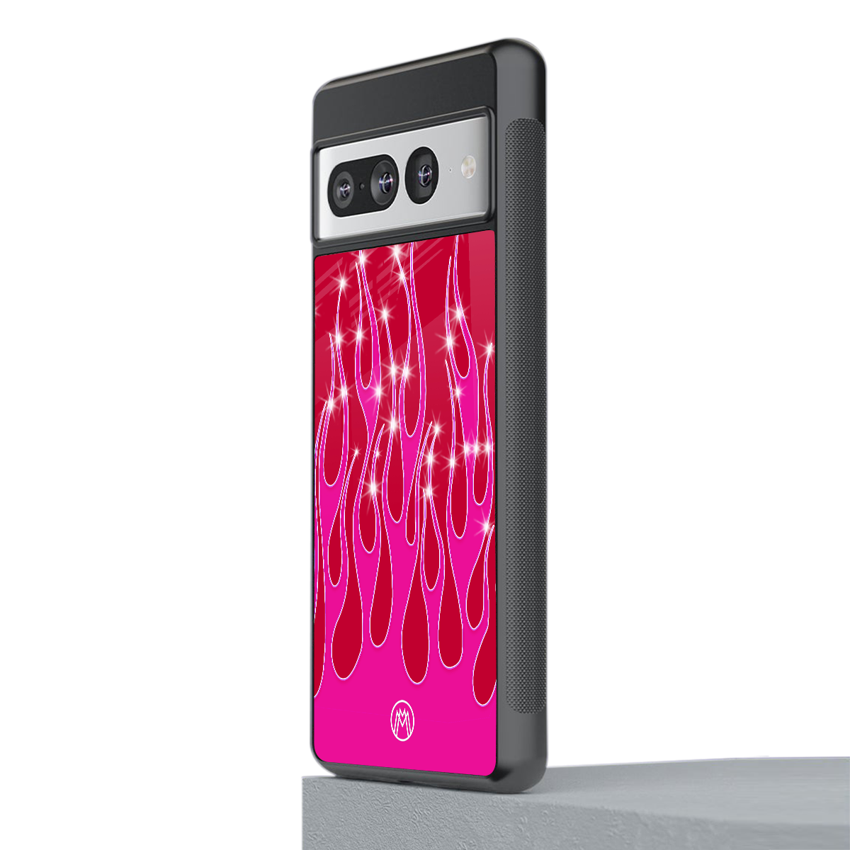 y2k magenta glittery flames back phone cover | glass case for google pixel 7 pro