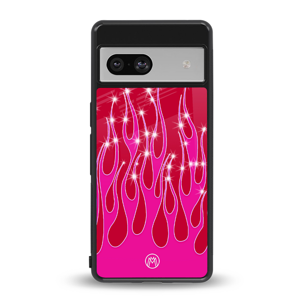 y2k magenta glittery flames back phone cover | glass case for Google Pixel 7