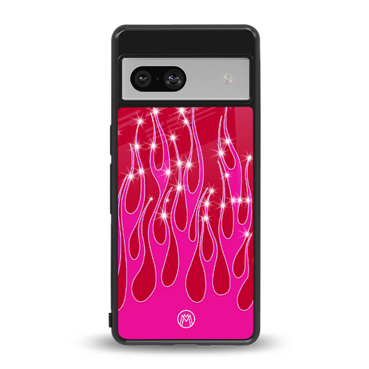 y2k magenta glittery flames back phone cover | glass case for Google Pixel 7