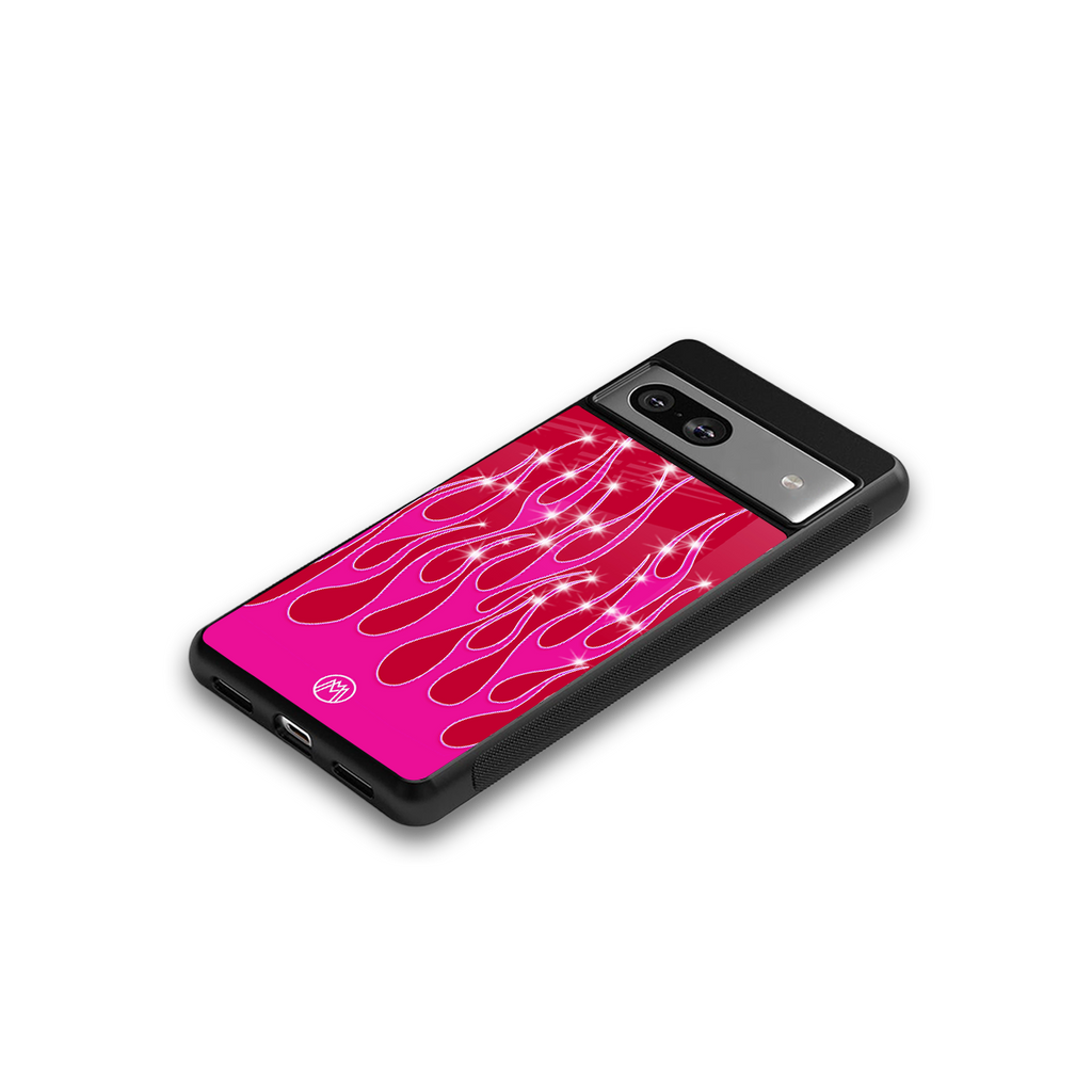 y2k magenta glittery flames back phone cover | glass case for Google Pixel 7