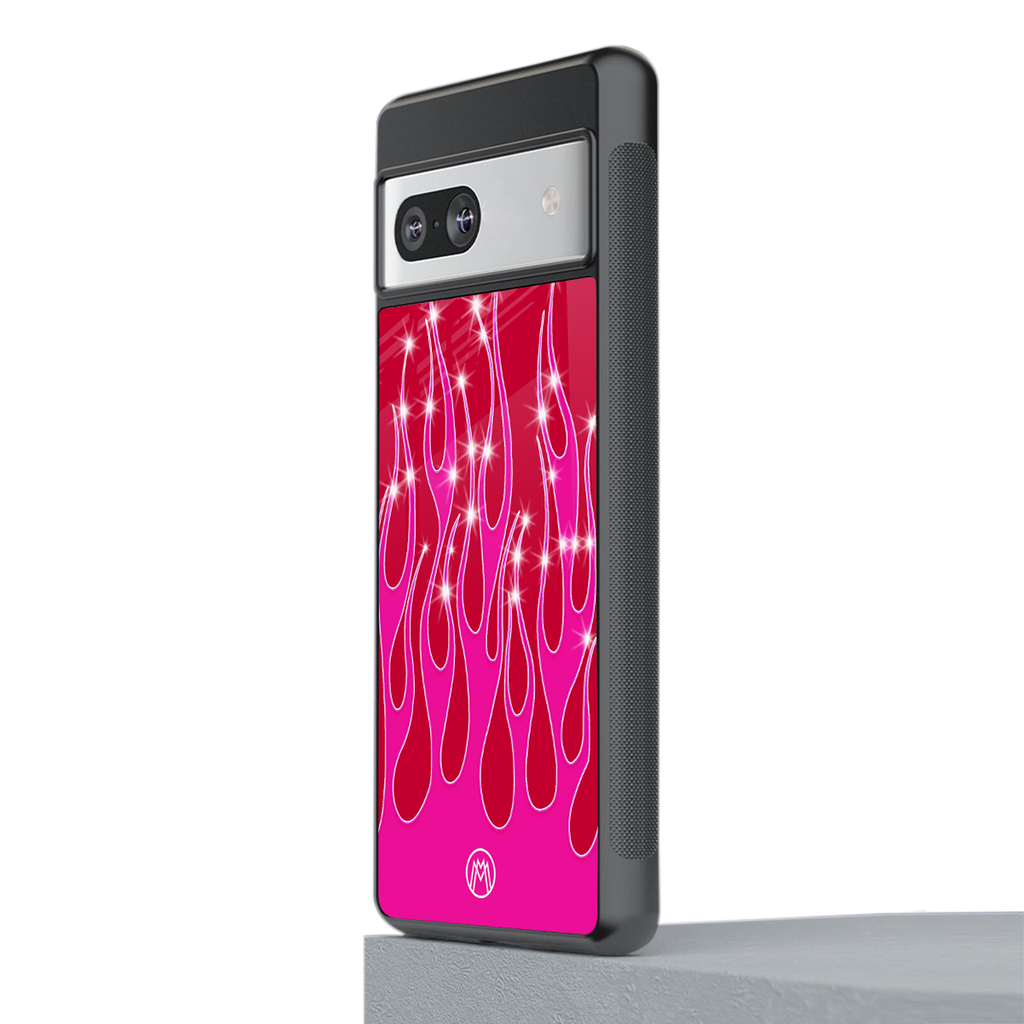 y2k magenta glittery flames back phone cover | glass case for Google Pixel 7