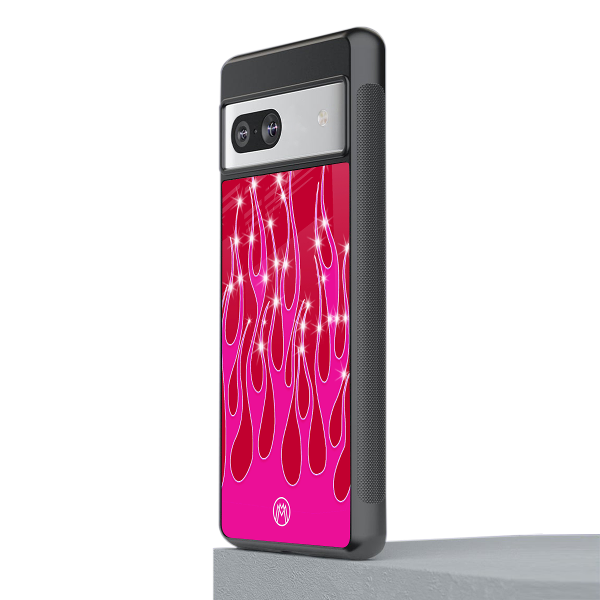 y2k magenta glittery flames back phone cover | glass case for Google Pixel 7