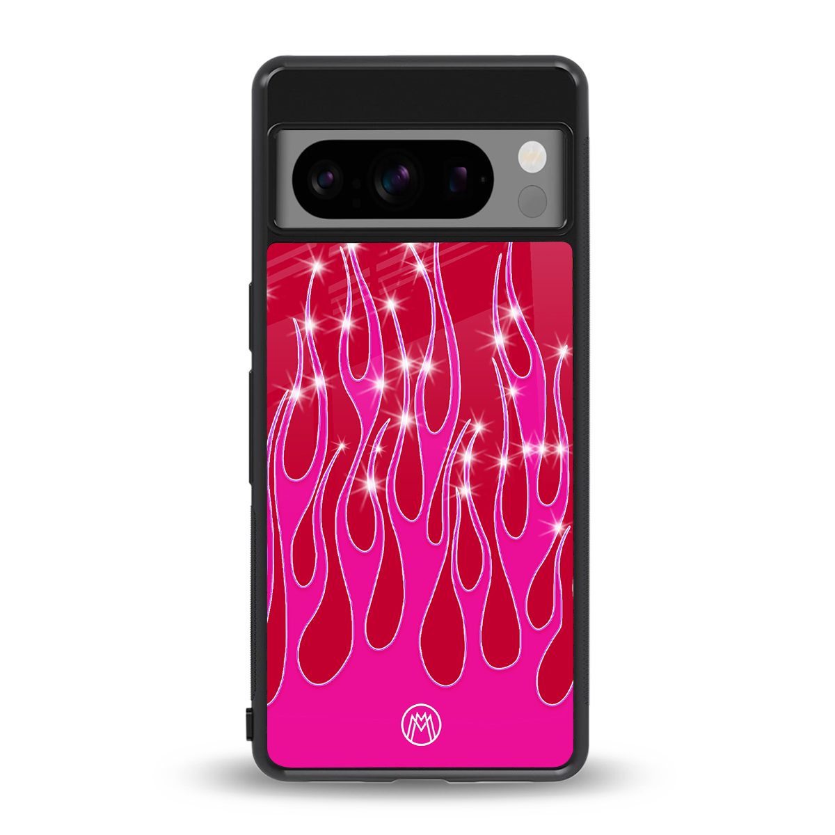 y2k magenta glittery flames back phone cover | glass case for google pixel 8 pro