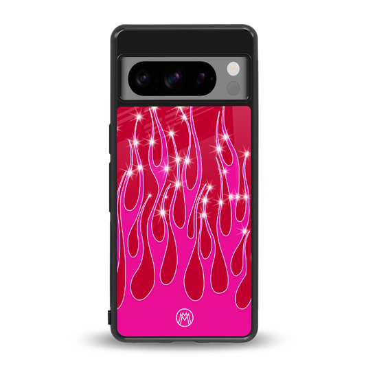 y2k magenta glittery flames back phone cover | glass case for google pixel 8 pro