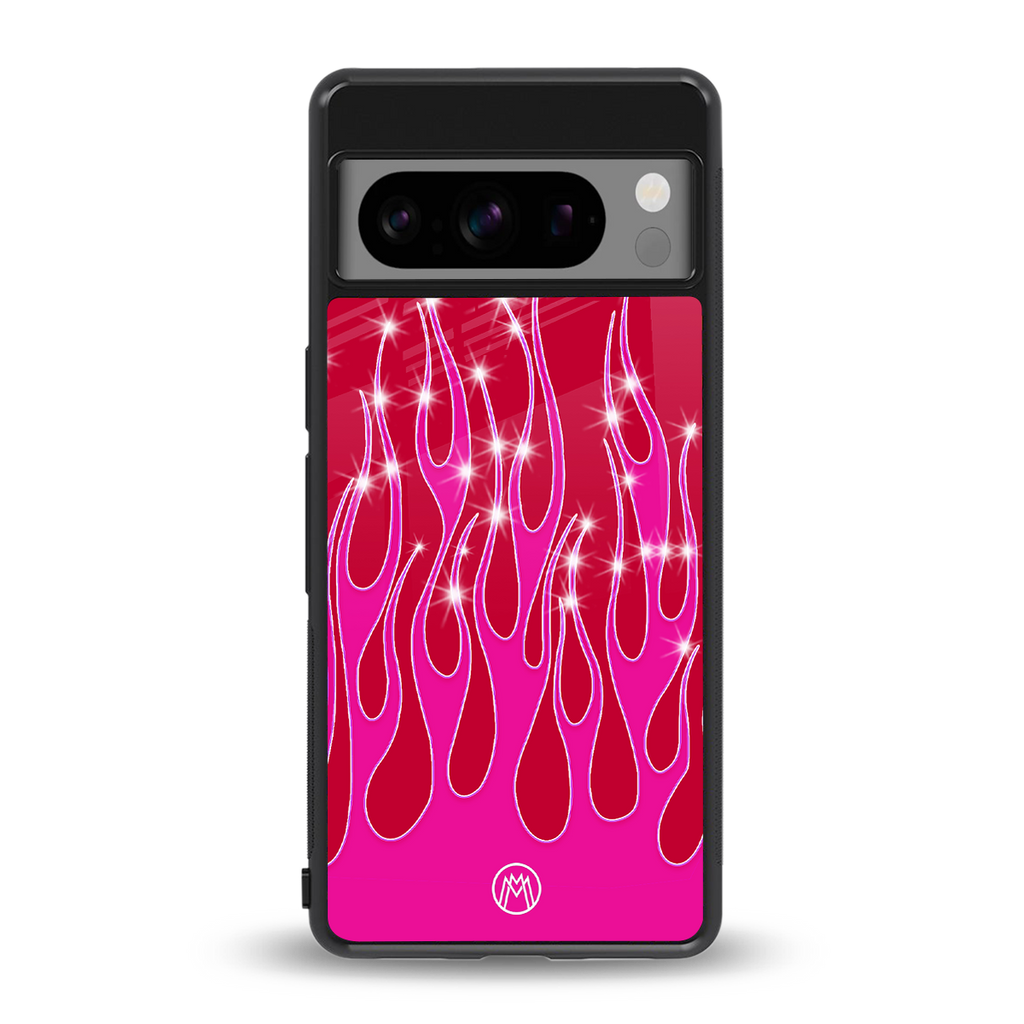 y2k magenta glittery flames back phone cover | glass case for google pixel 8 pro