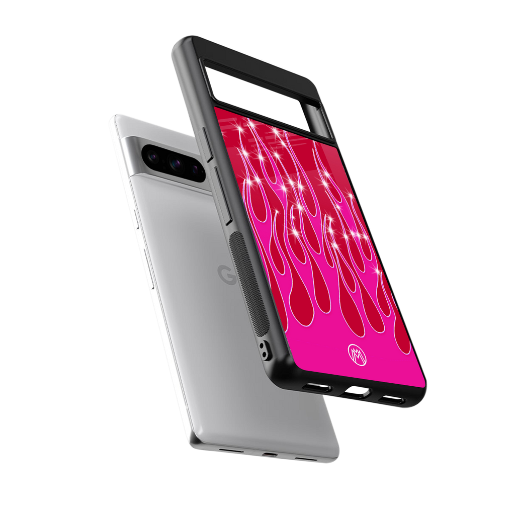 y2k magenta glittery flames back phone cover | glass case for google pixel 8 pro