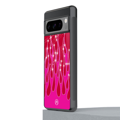 y2k magenta glittery flames back phone cover | glass case for google pixel 8 pro