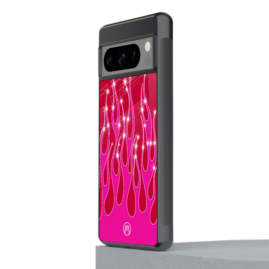 y2k magenta glittery flames back phone cover | glass case for google pixel 8 pro