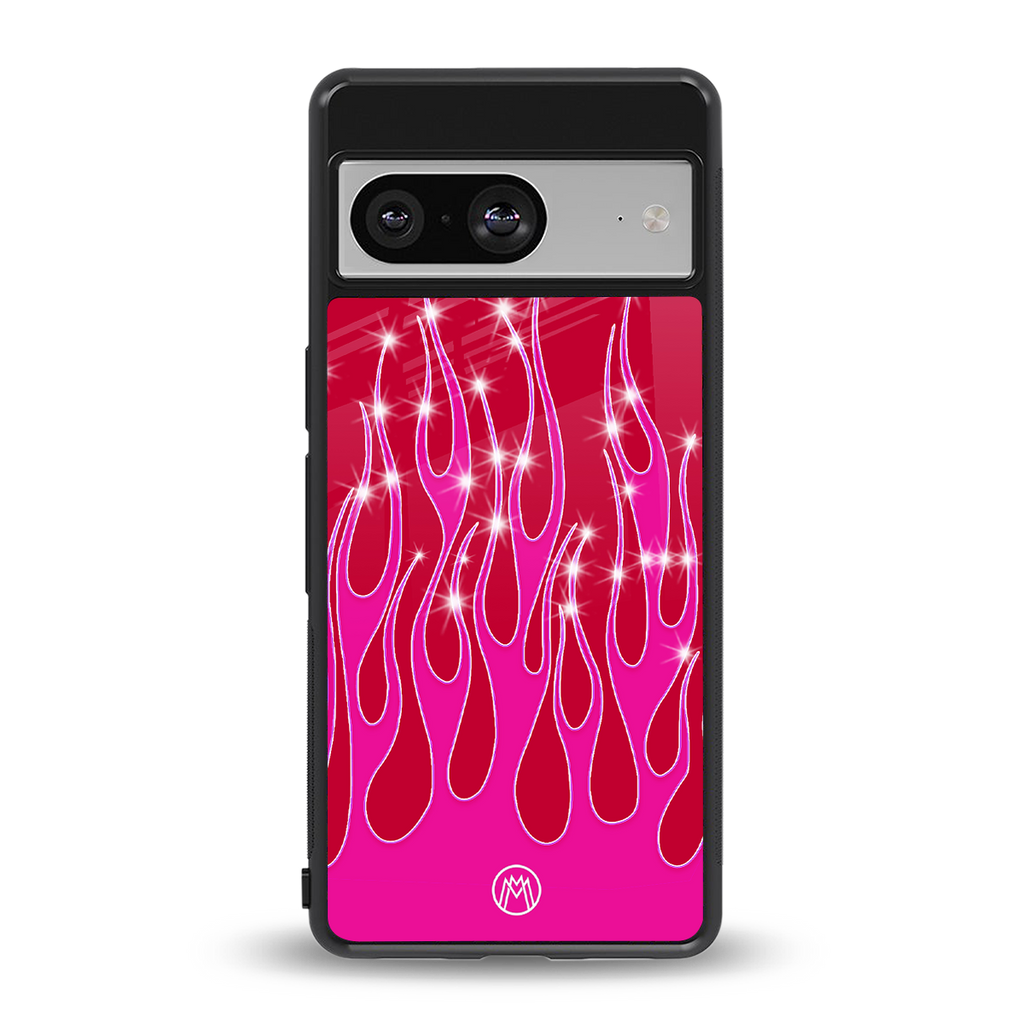 y2k magenta glittery flames back phone cover | glass case for Google Pixel 8