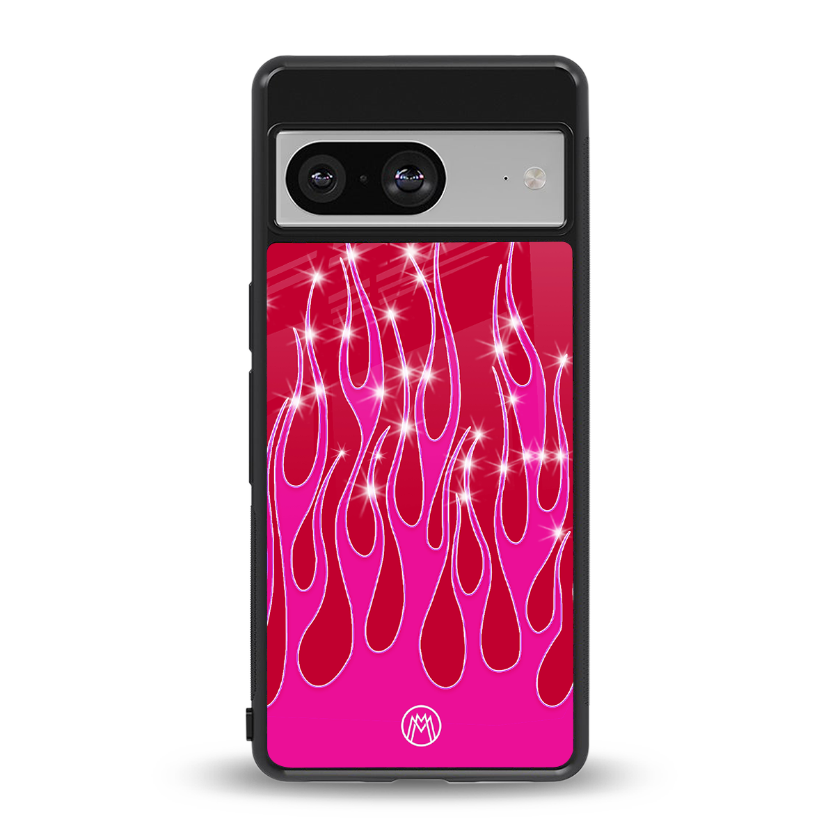 y2k magenta glittery flames back phone cover | glass case for Google Pixel 8