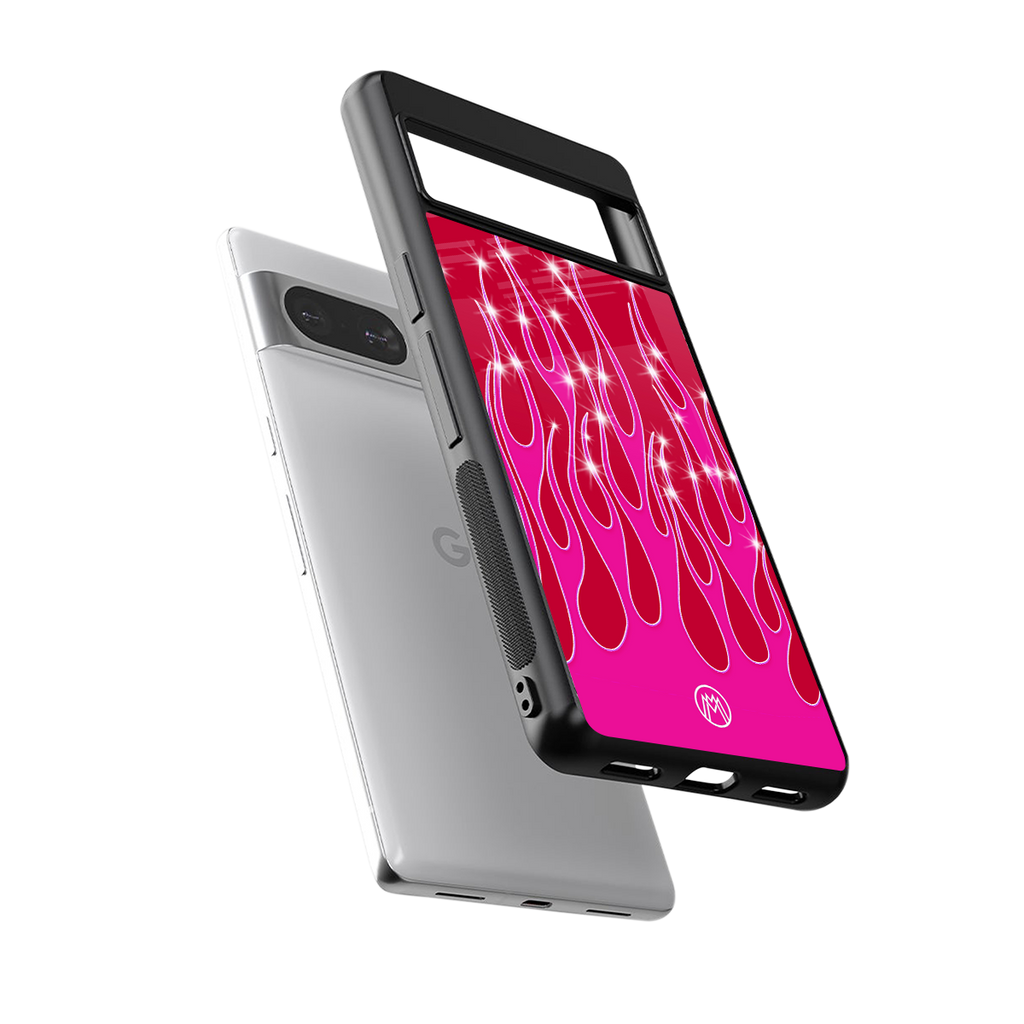 y2k magenta glittery flames back phone cover | glass case for Google Pixel 8