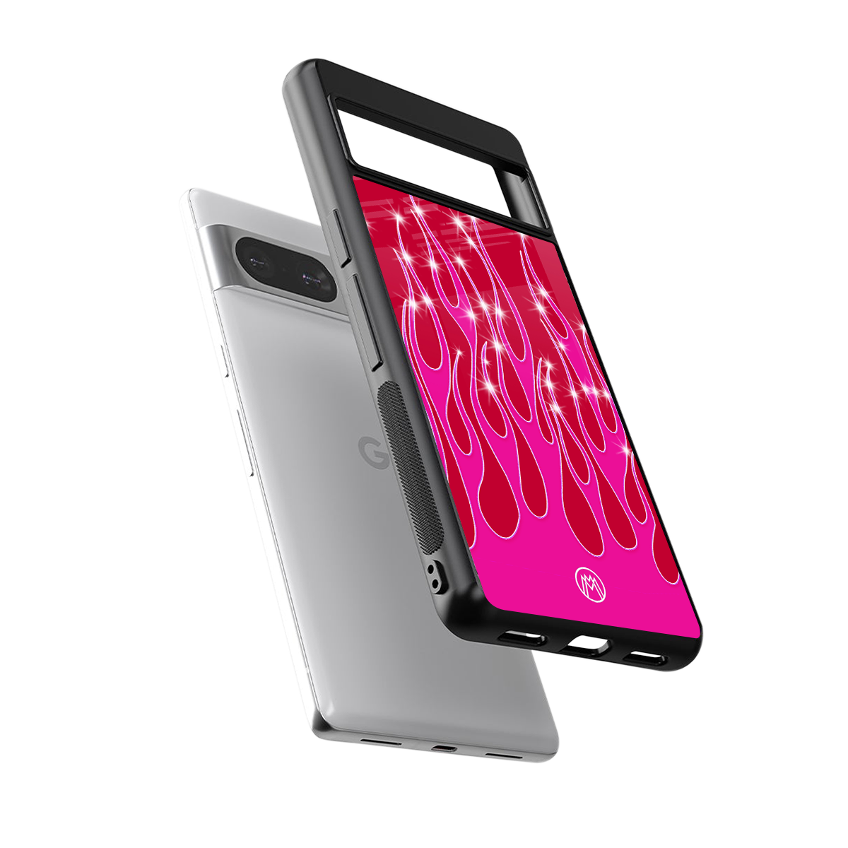 y2k magenta glittery flames back phone cover | glass case for Google Pixel 8