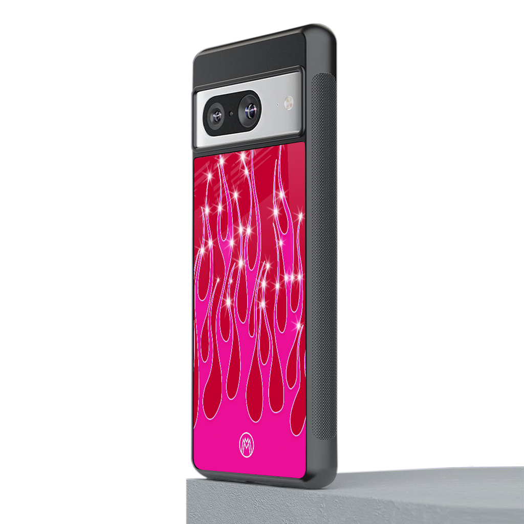 y2k magenta glittery flames back phone cover | glass case for Google Pixel 8