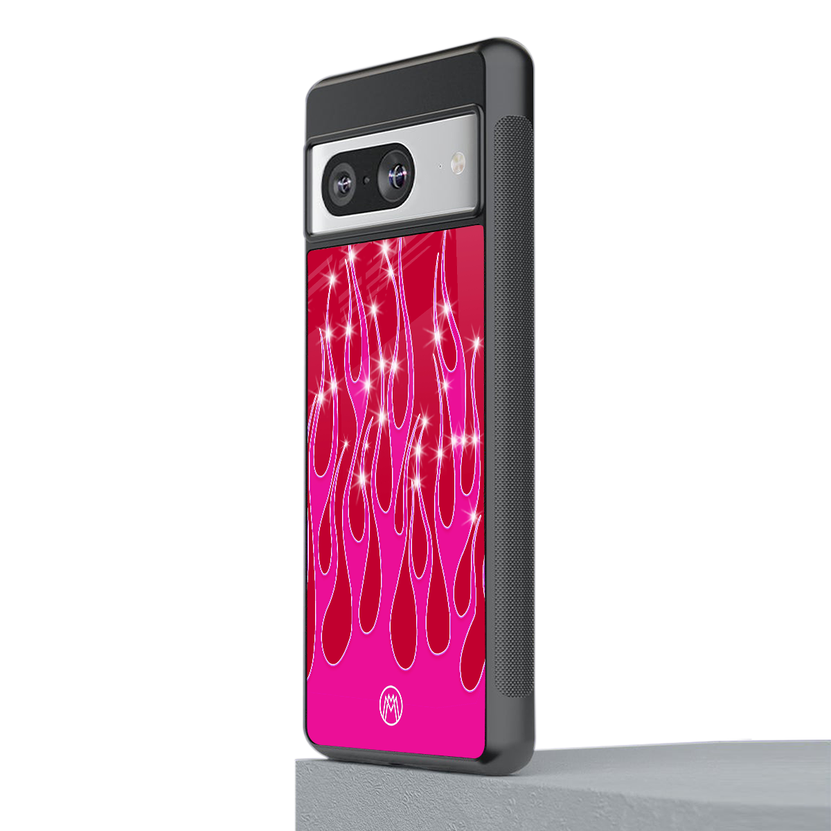 y2k magenta glittery flames back phone cover | glass case for Google Pixel 8