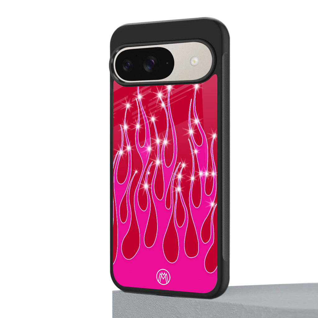 y2k magenta glittery flames back phone cover | glass case for google pixel 9