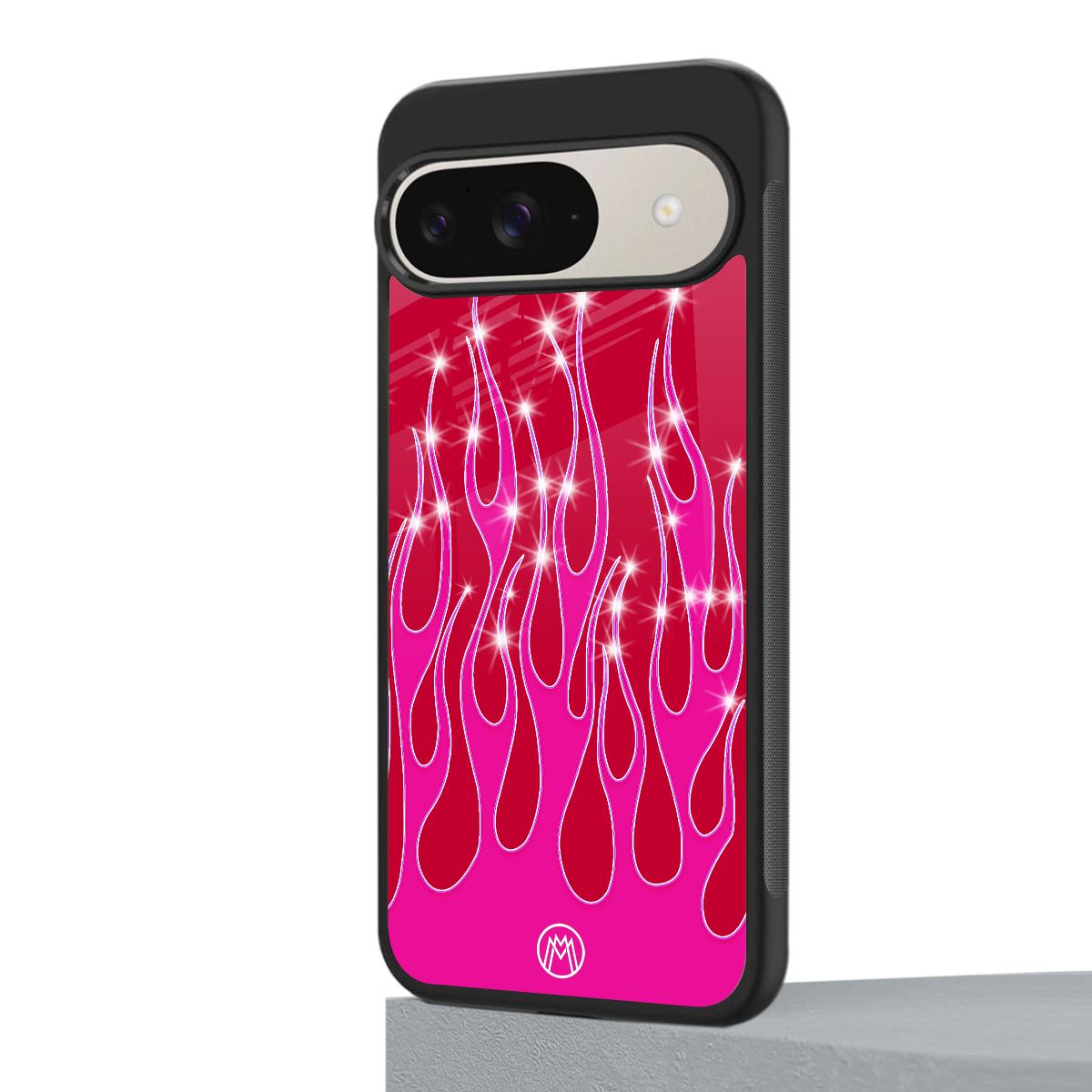 y2k magenta glittery flames back phone cover | glass case for google pixel 9