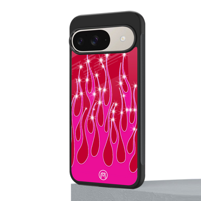 y2k magenta glittery flames back phone cover | glass case for google pixel 9