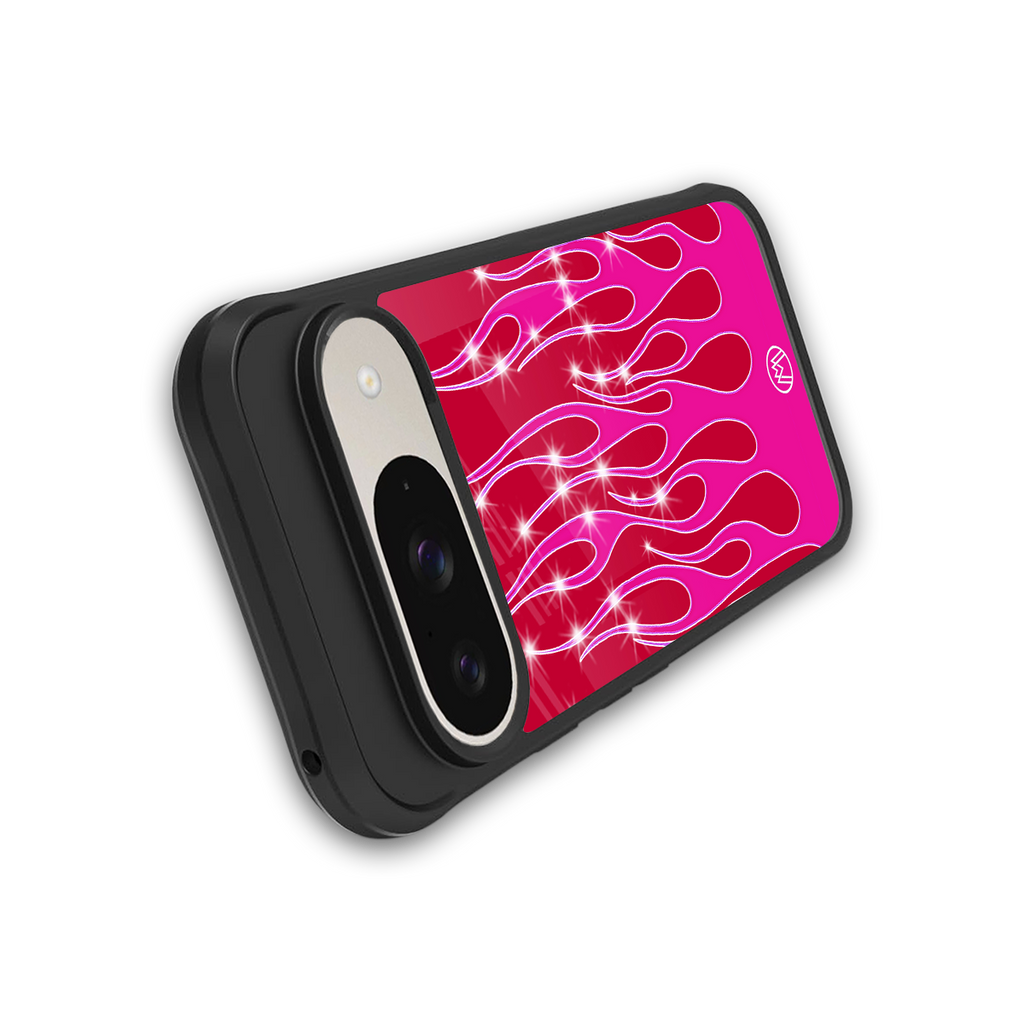 y2k magenta glittery flames back phone cover | glass case for google pixel 9