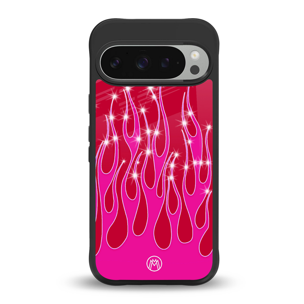 y2k magenta glittery flames back phone cover | glass case for google pixel 9 pro
