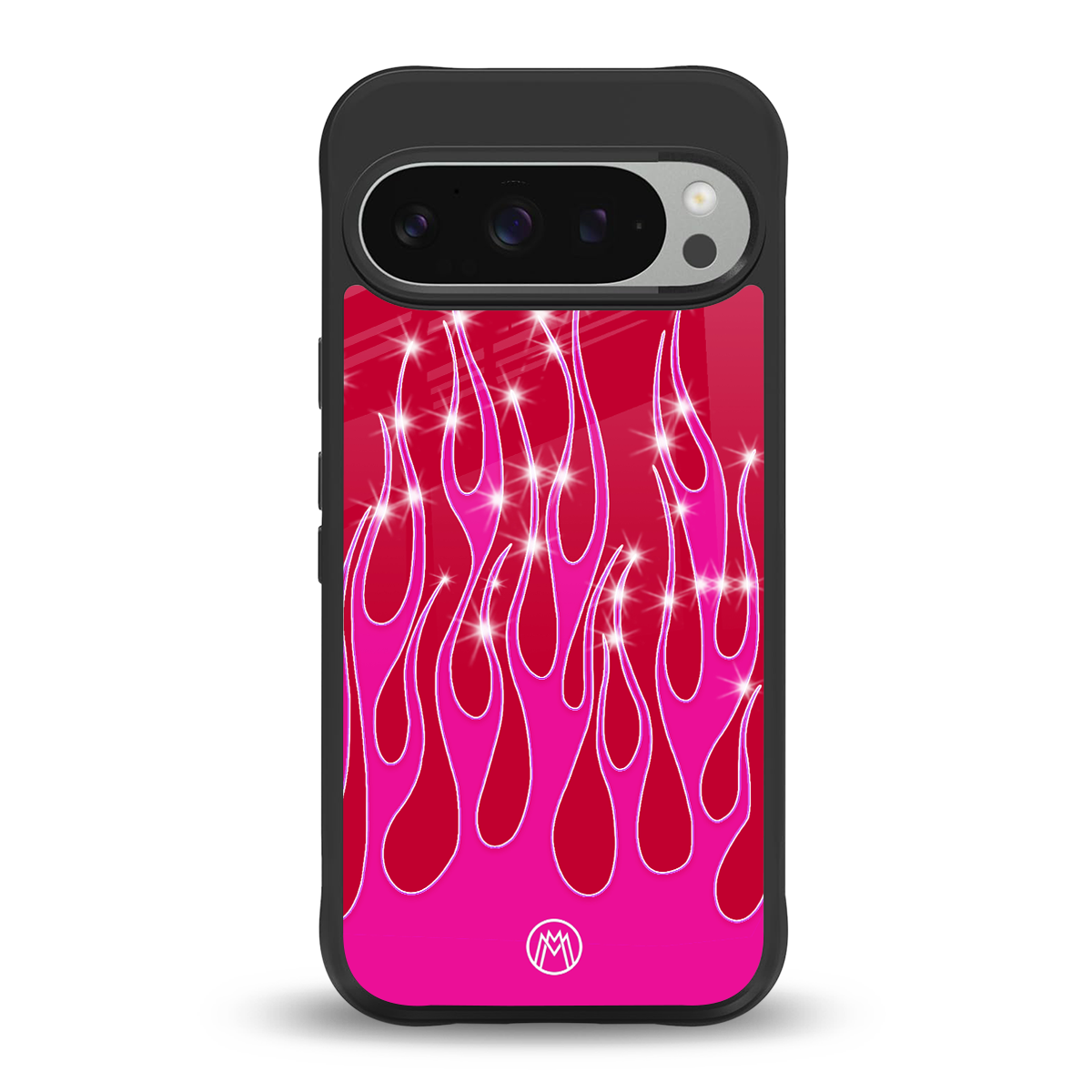 y2k magenta glittery flames back phone cover | glass case for google pixel 9 pro xl