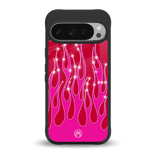 y2k magenta glittery flames back phone cover | glass case for google pixel 9 pro xl