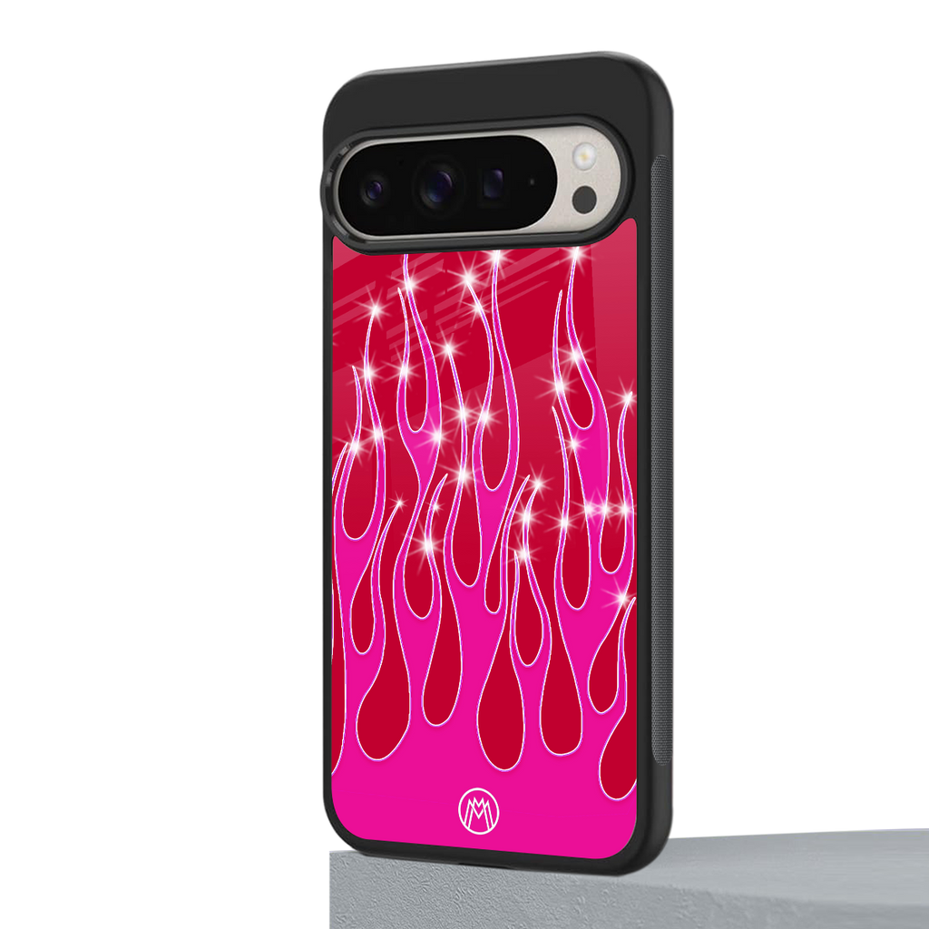y2k magenta glittery flames back phone cover | glass case for google pixel 9 pro