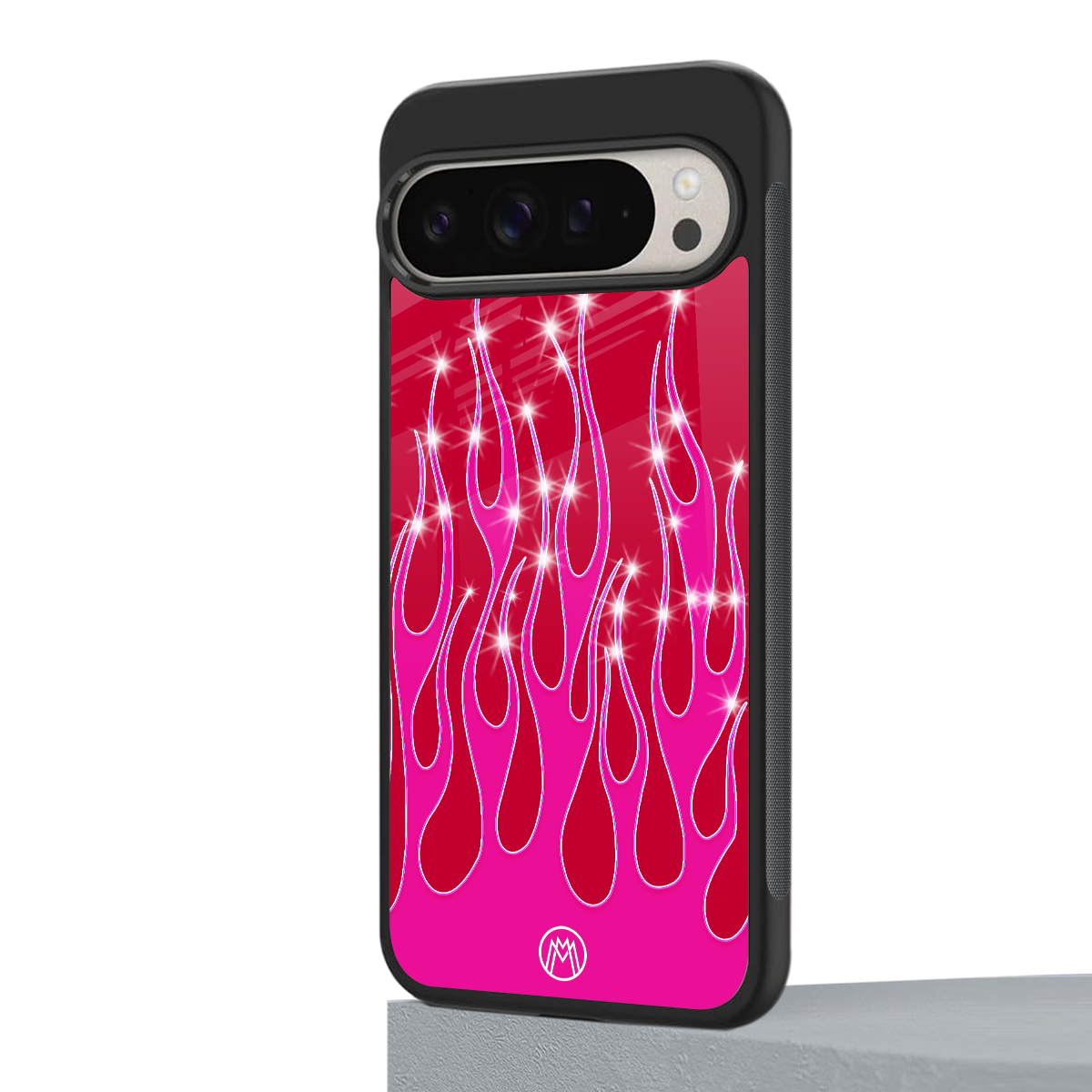 y2k magenta glittery flames back phone cover | glass case for google pixel 9 pro xl
