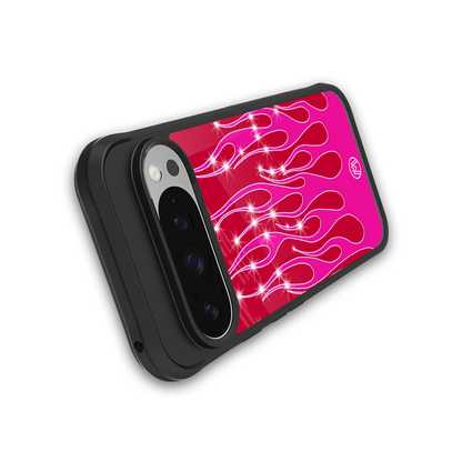 y2k magenta glittery flames back phone cover | glass case for google pixel 9 pro xl