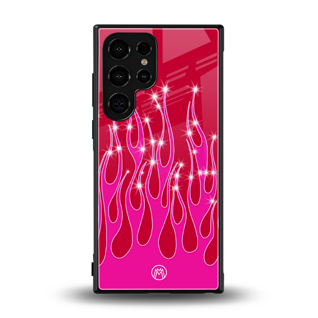 y2k magenta glittery flames back phone cover | glass case for samsung galaxy s23 ultra