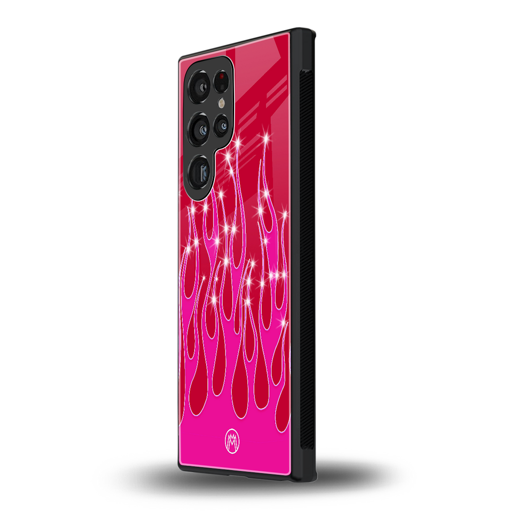 y2k magenta glittery flames back phone cover | glass case for samsung galaxy s23 ultra