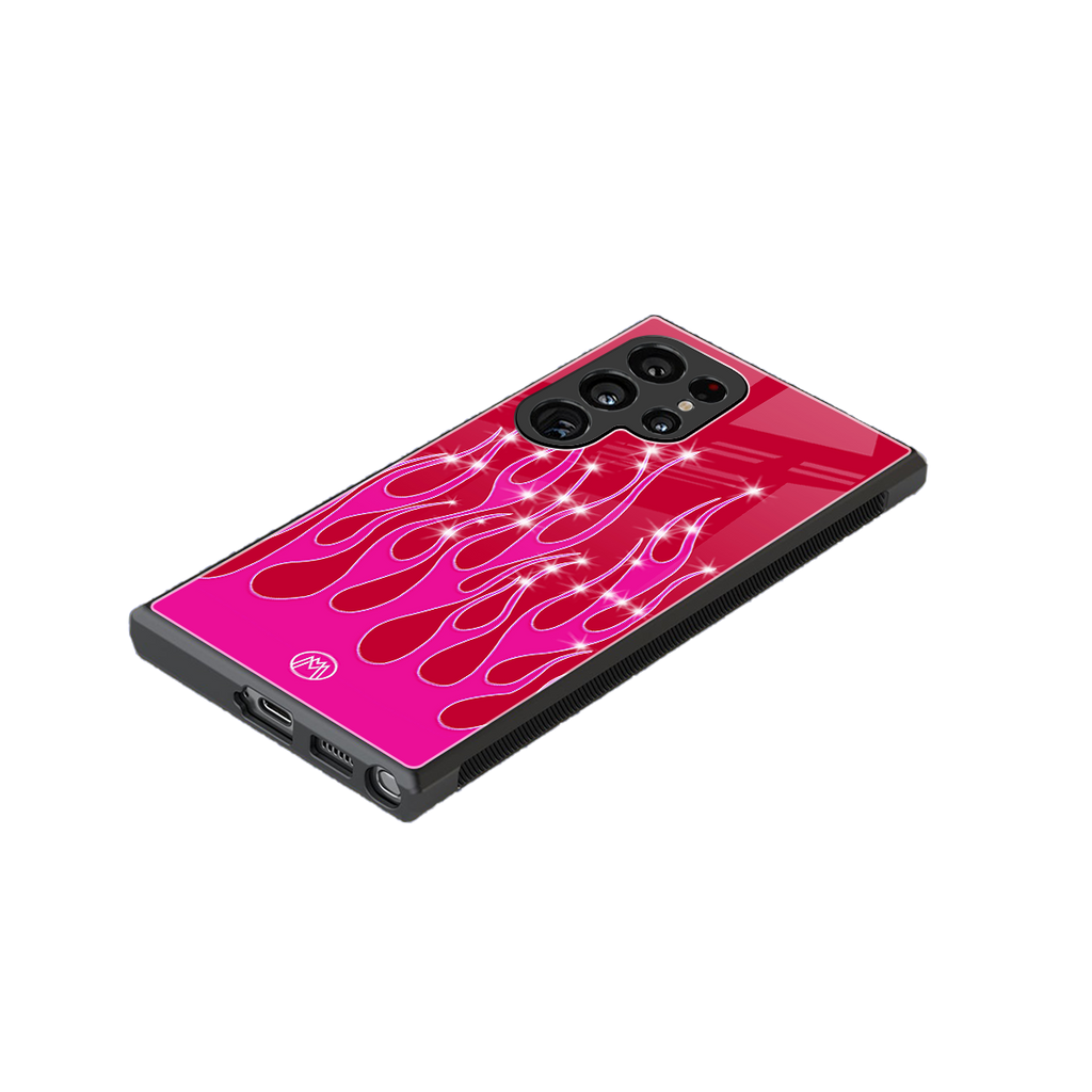y2k magenta glittery flames back phone cover | glass case for samsung galaxy s23 ultra