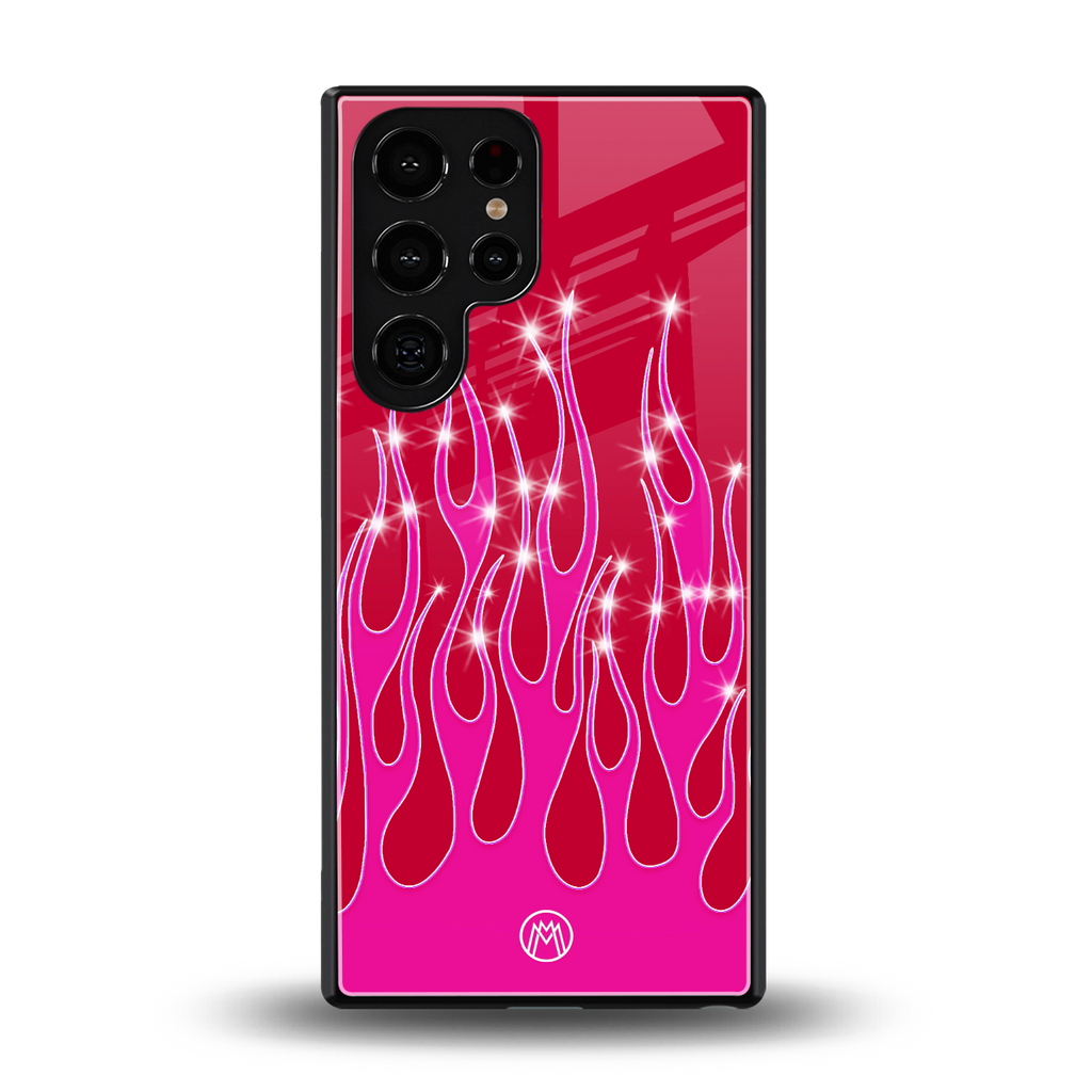 y2k magenta glittery flames back phone cover | glass case for samsung galaxy s25 ultra