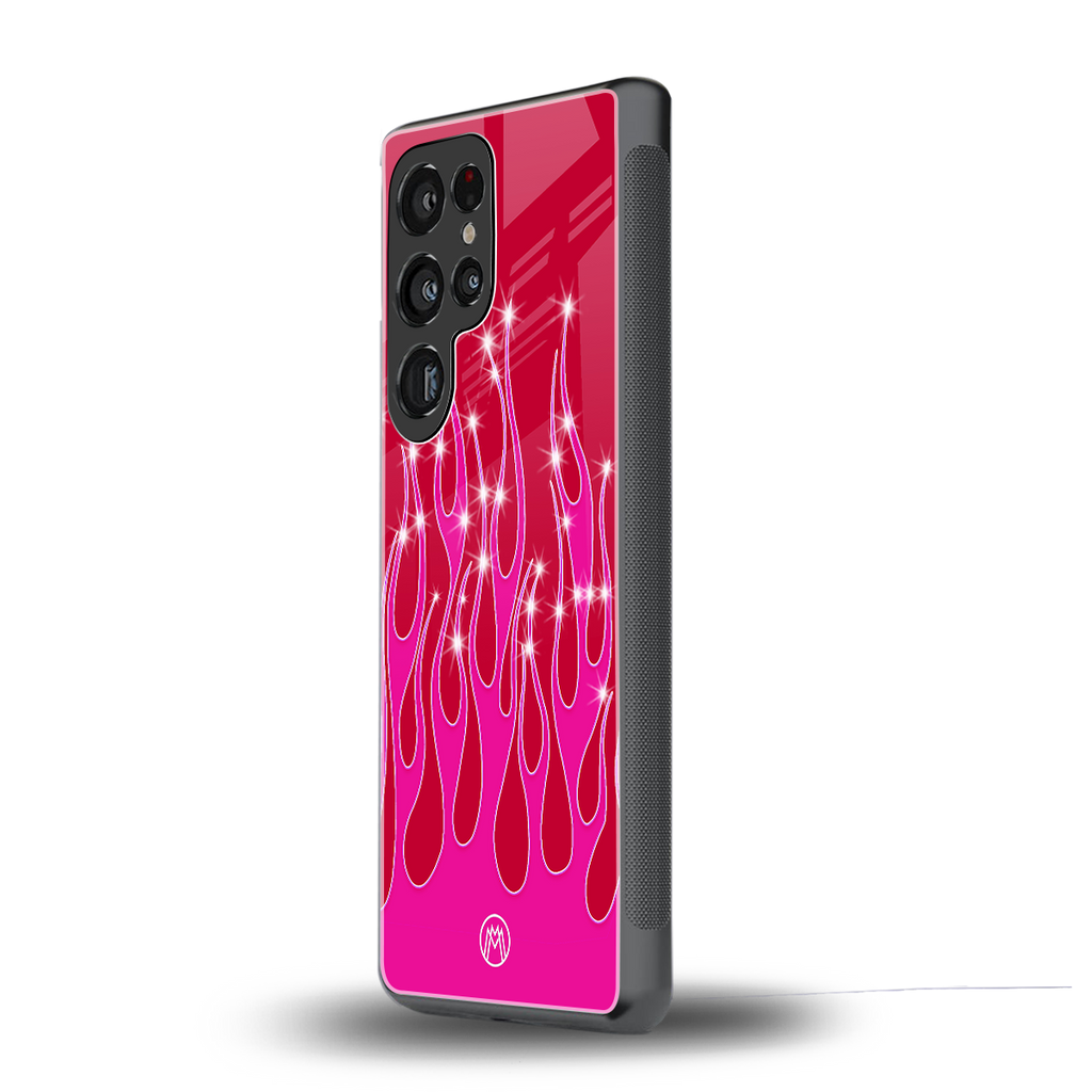 y2k magenta glittery flames back phone cover | glass case for samsung galaxy s25 ultra