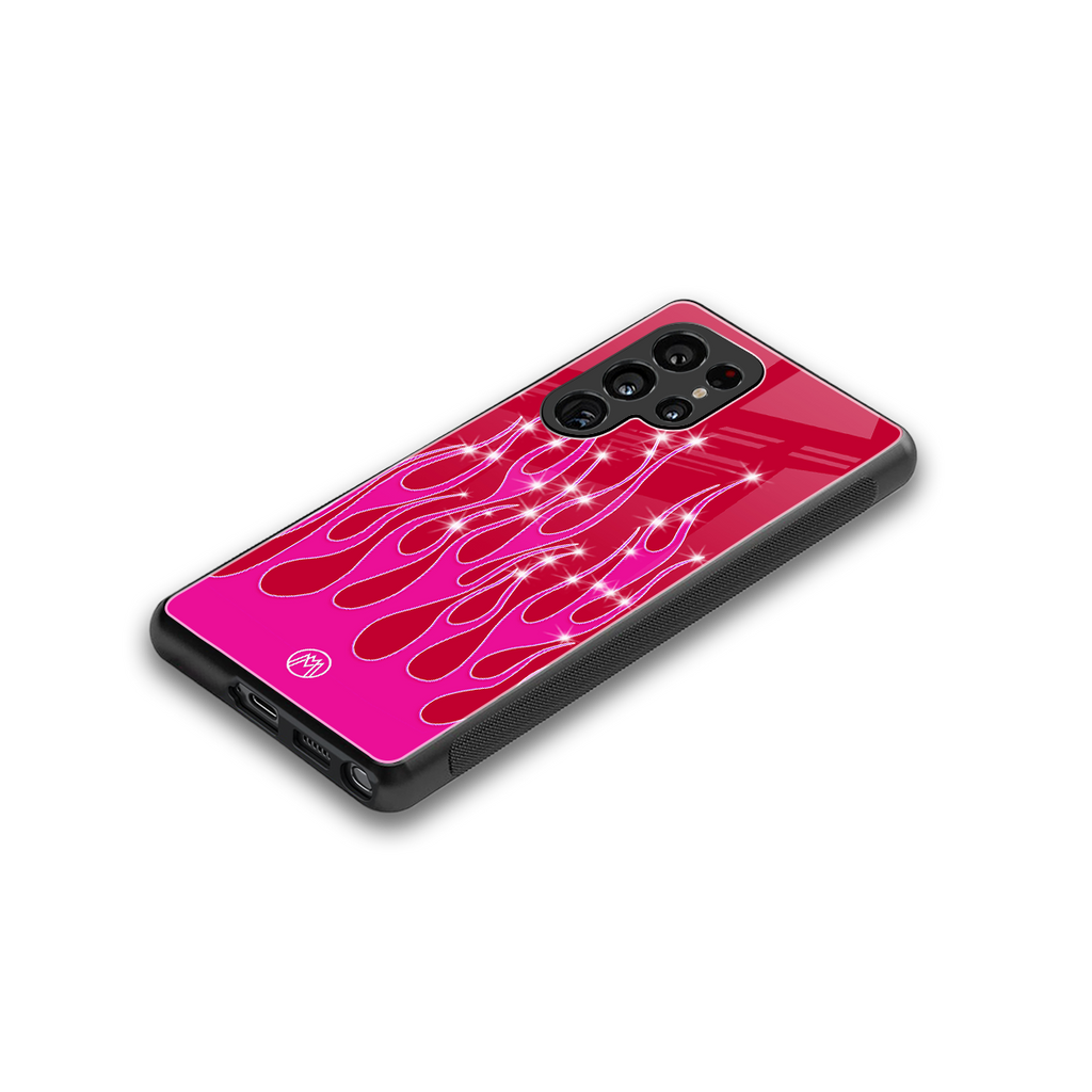 y2k magenta glittery flames back phone cover | glass case for samsung galaxy s25 ultra