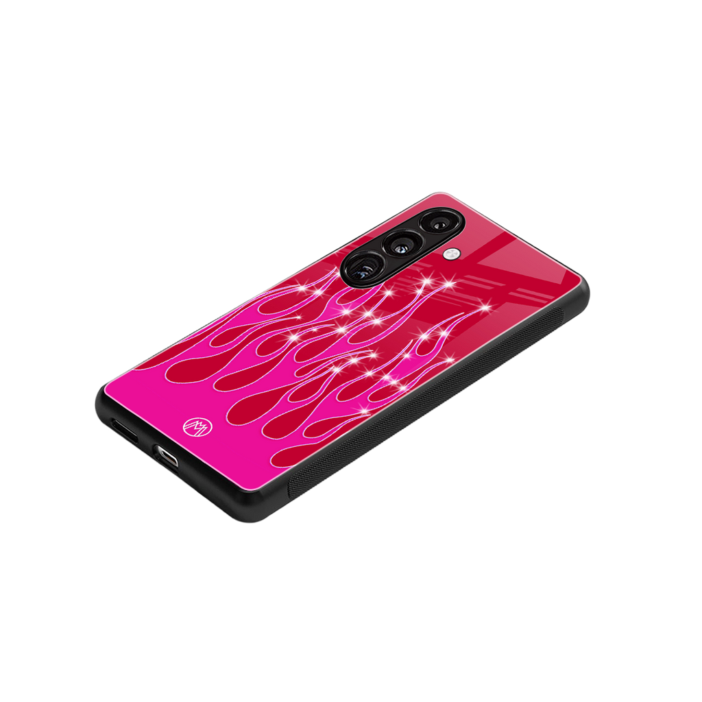 y2k magenta glittery flames back phone cover | glass case for samsung galaxy s25