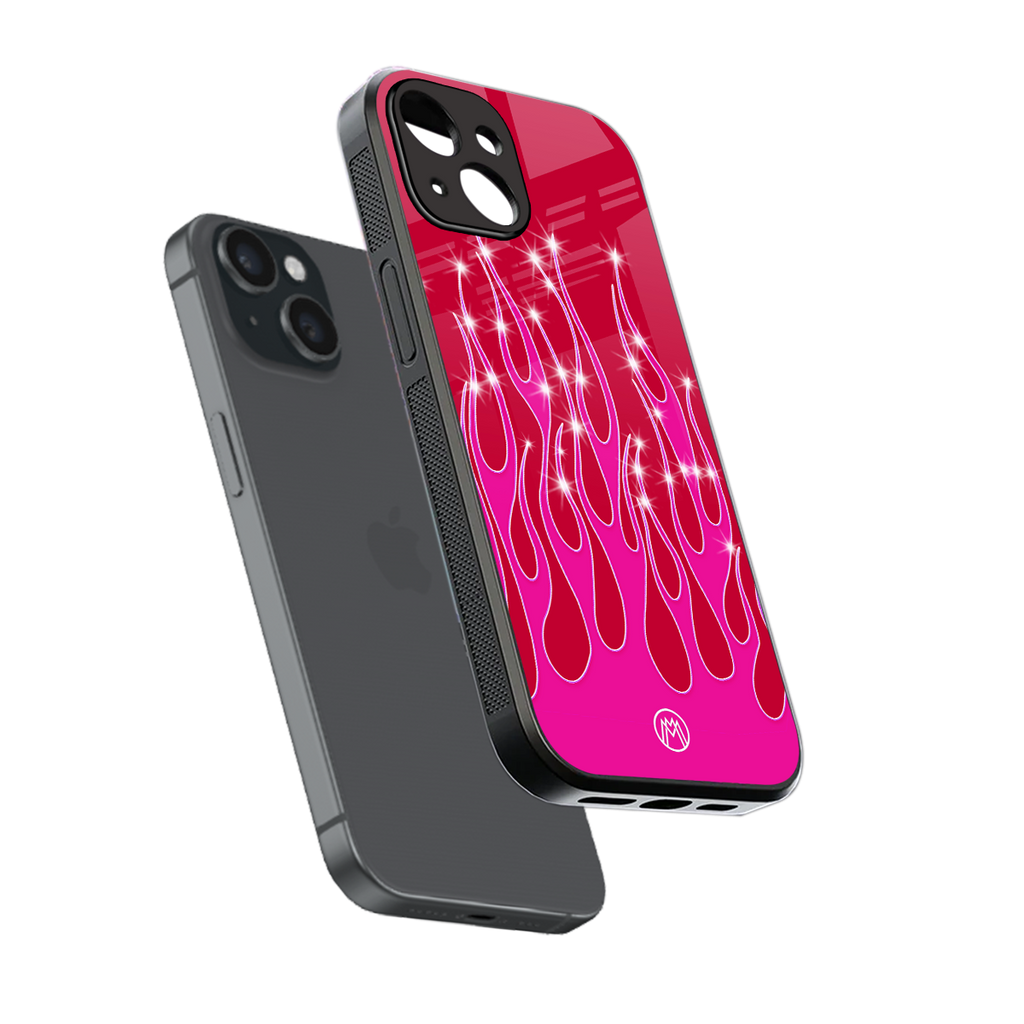 y2k magenta glittery flames back phone cover | glass case for iphone 15
