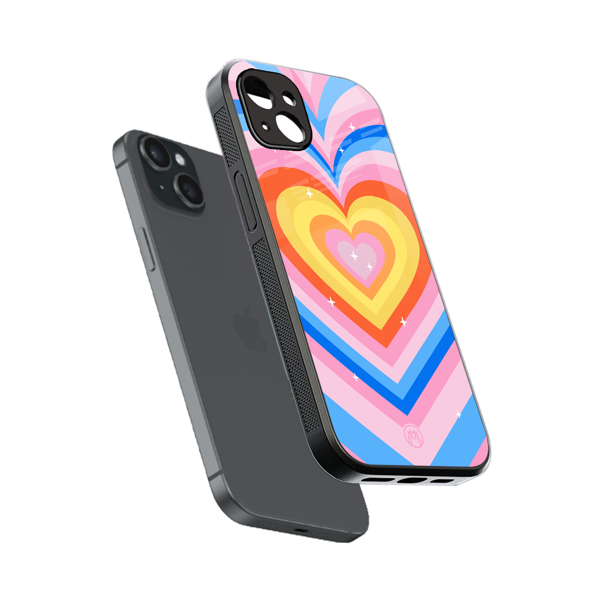 y2k rainbow hearts back phone cover | glass case for iphone 15 plus