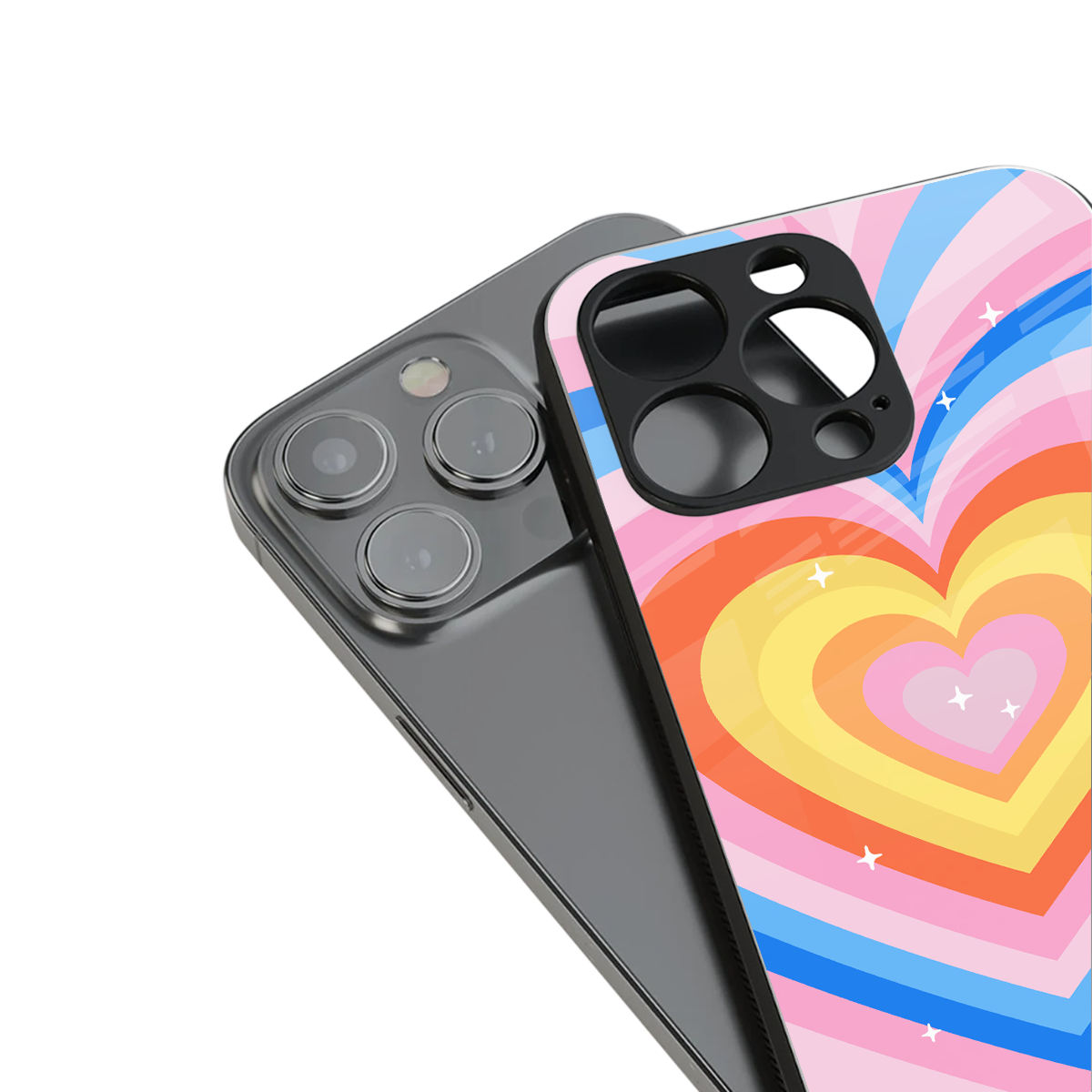 y2k rainbow hearts back phone cover | glass case for iphone 16 pro max
