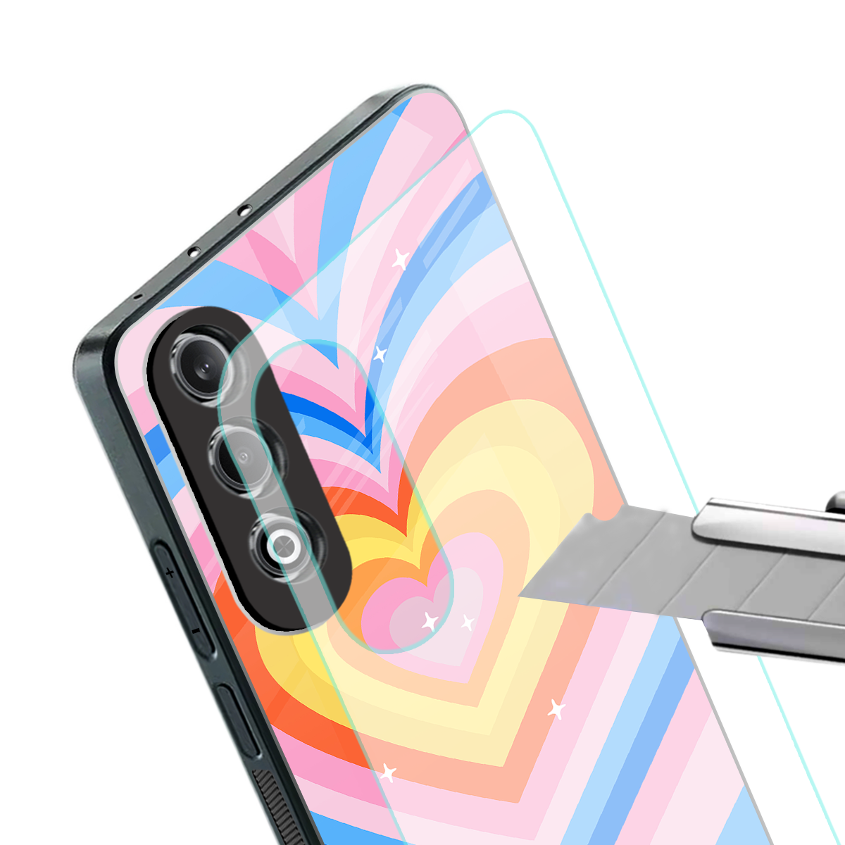 y2k rainbow hearts back phone cover | glass case for oneplus nord ce 4