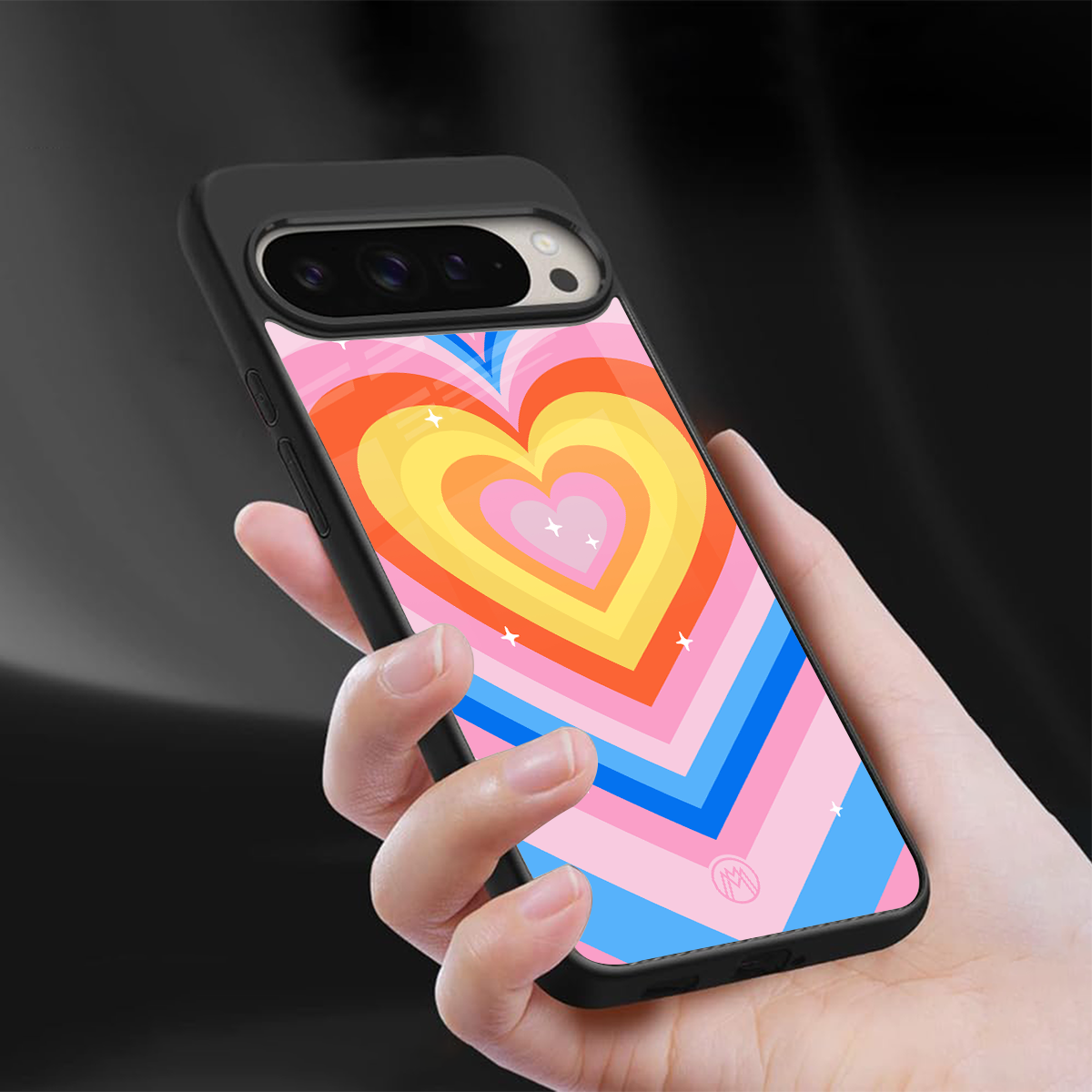 y2k rainbow hearts back phone cover | glass case for google pixel 9 pro xl