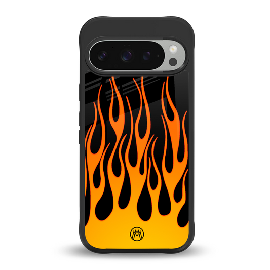 y2k yellow flames back phone cover | glass case for google pixel 9 pro xl