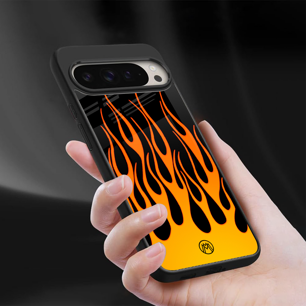 y2k yellow flames back phone cover | glass case for google pixel 9 pro