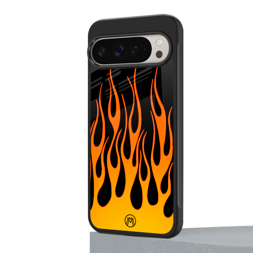 y2k yellow flames back phone cover | glass case for google pixel 9 pro
