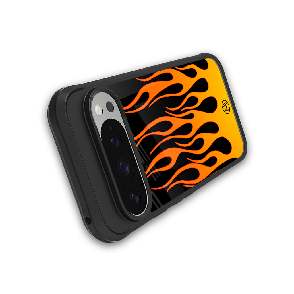 y2k yellow flames back phone cover | glass case for google pixel 9 pro