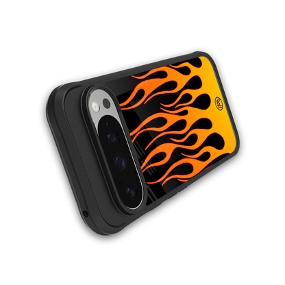 y2k yellow flames back phone cover | glass case for google pixel 9 pro xl