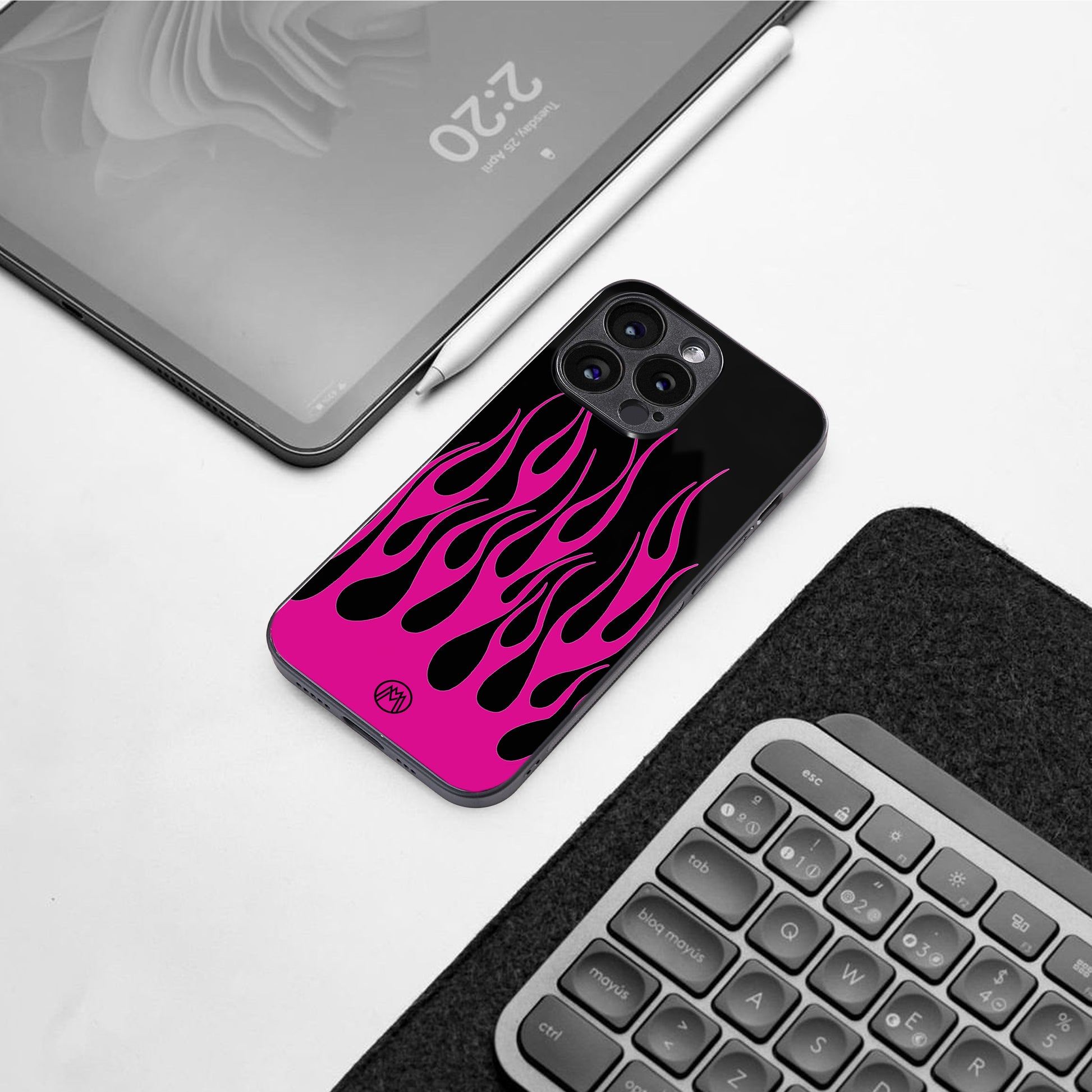 y2k black pink flames back phone cover | glass case for iphone 16