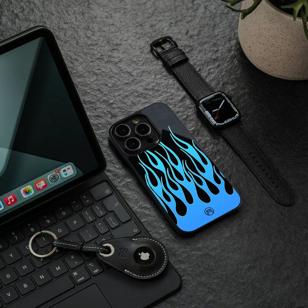y2k blue flames back phone cover | glass case for iphone 15 pro